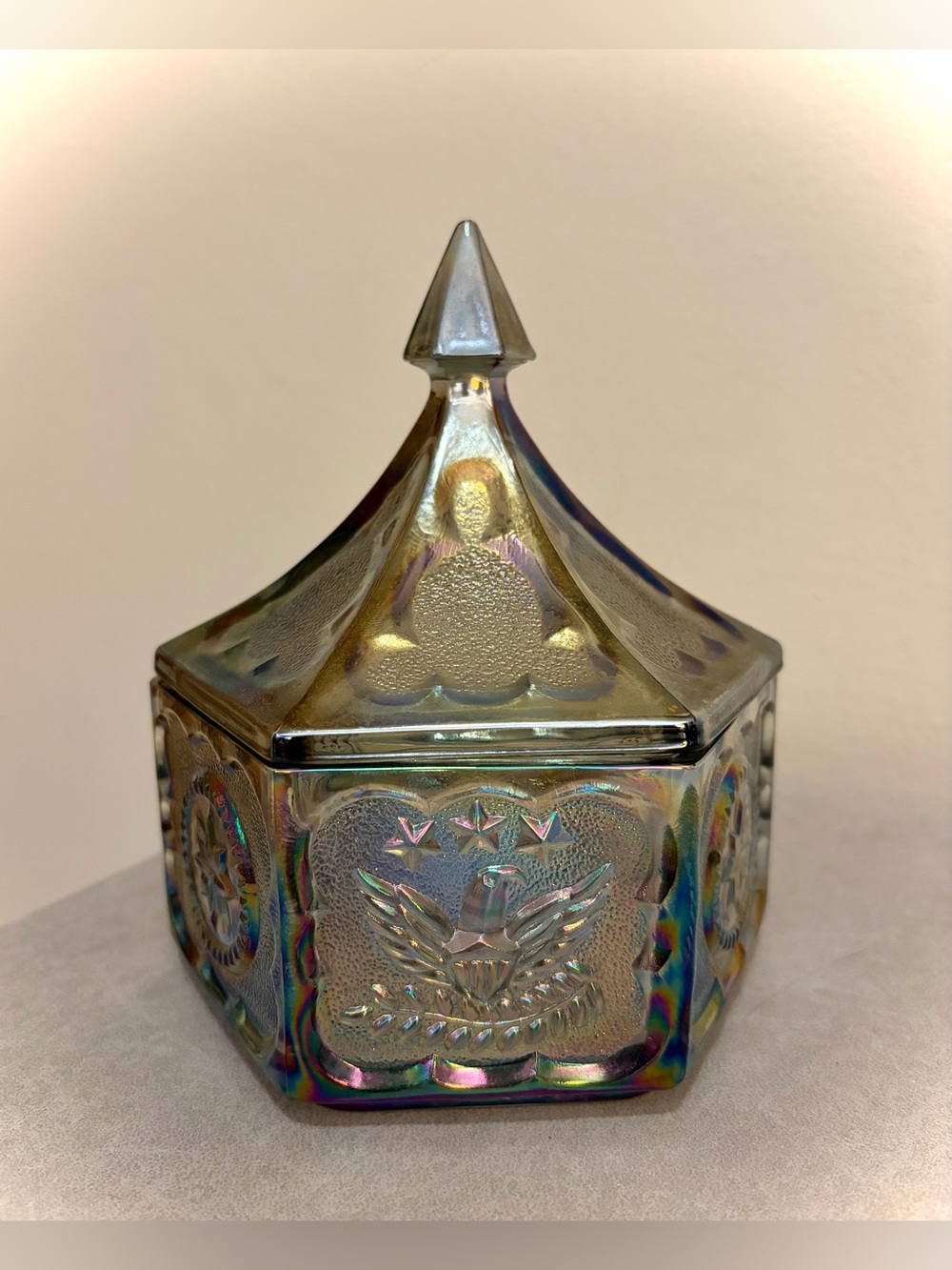 Indiana Glass Tiara Iridescent Candy Dish with Lid Patriotic Eagles Stars Design